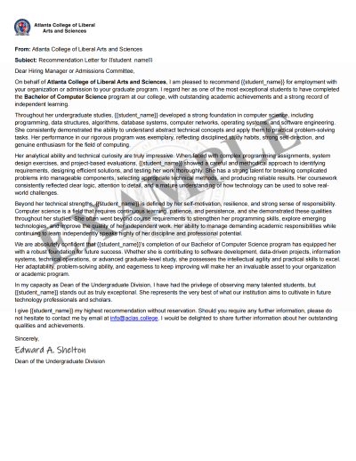 Letter of Recommendation sample